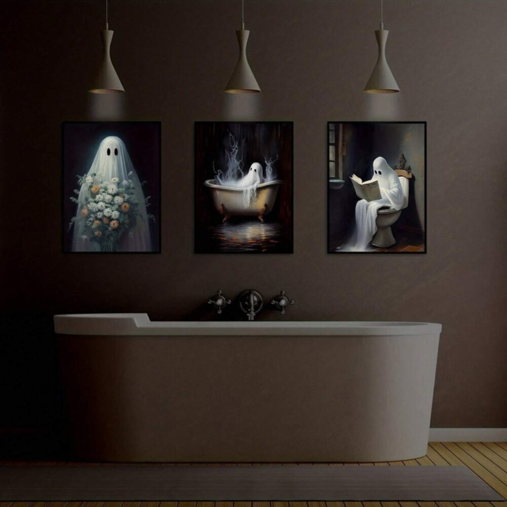 3 Ghosts Flowers Ghost Bathing Ghost Toilet Ghost 3 Canvas Prints 12 X 16" NWT